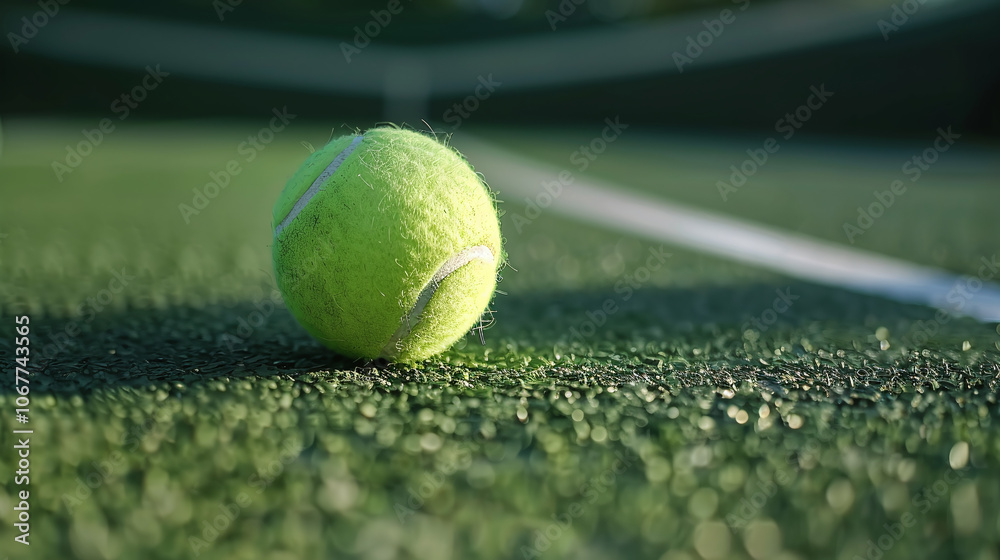 A vibrant green tennis ball rests on the court surface under natural light during a game, showing the textured details of the ground and ball
