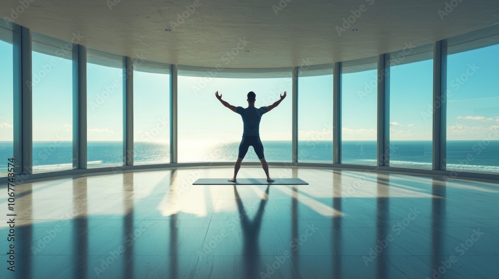 young athletic man performs yoga outstretched arms beautifully designed hall offers panoramic views ocean sunset. young athletic man performs yoga outstretched arms beautifully designed hall offers panoramic views ocean sunset.