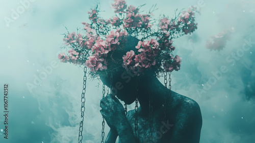 figure with chains and flowers, expressing sense of melancholy and beauty. ethereal atmosphere enhances emotional depth of scene