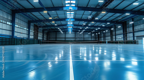 Obraz na płótnie Indoor tennis court in a sports facility featuring blue flooring and bright overhead lights, designed for practice and competition, captured during daylight hours w salonie