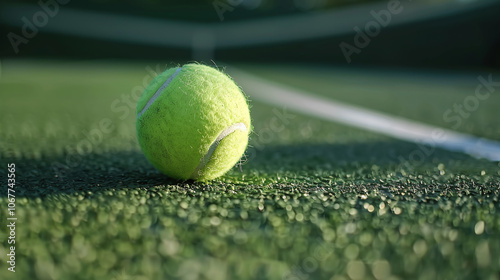 Obraz na płótnie A vibrant green tennis ball rests on the court surface under natural light during a game, showing the textured details of the ground and ball w salonie