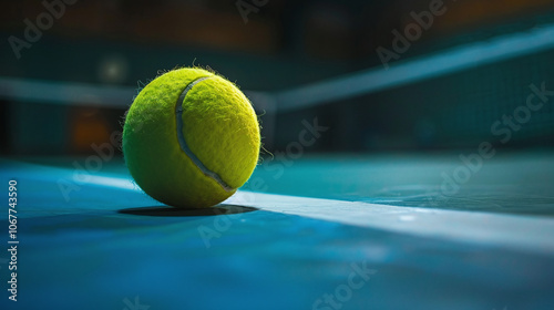 A close-up view of a vibrant yellow tennis ball resting on the court line inside an indoor tennis facility during a practice session