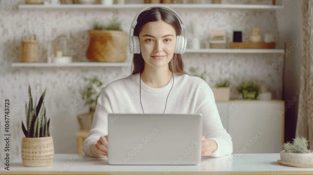 Smiling young woman wearing headphones and working from home on a laptop in a cozy home office with plants and minimal decor