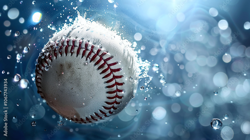 A baseball splashes through water, creating dynamic ripples and bubbles in a vivid blue background, capturing the essence of motion and the thrill of the game