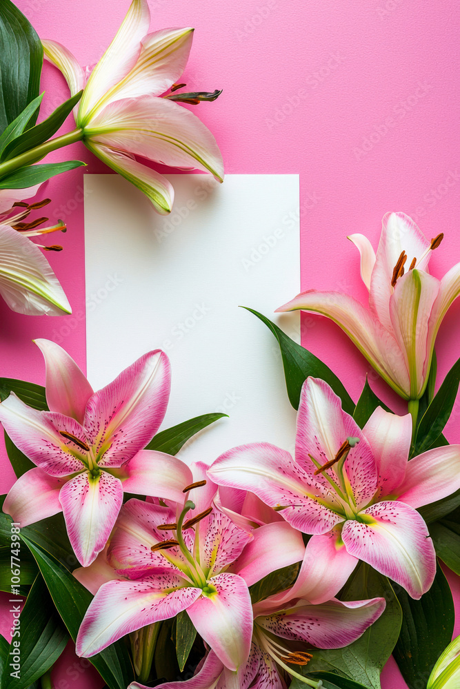 Obraz premium Vertical Lilies pink background. Festive holiday greeting card for Birthday, Woman or Mothers Day, blank copy paper and a greeting card. View from above.