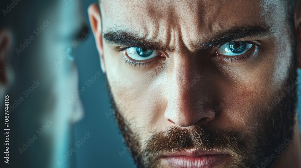 dimly lit space man gazes fiercely mirror his blue eyes reflecting his inner turmoil and conflicted emotions emphasizing his complex psychological state. dimly lit space man gazes fiercely mirror his blue eyes reflecting his inner turmoil and conflicted emotions emphasizing his complex psychological state.