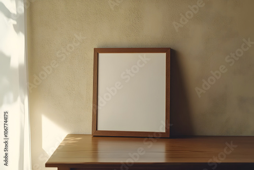 Vertical wooden picture frame, empty poster mockup on wooden table. No content in the frame. Beige wall background. Modern moody minimal interior decor. Side view, copy space, no people.