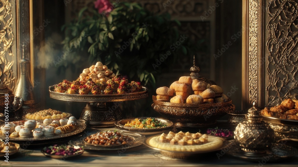 A spread of traditional Middle Eastern pastries and desserts, beautifully arranged on ornate silver platters in a warm and inviting setting. A spread of traditional Middle Eastern pastries and desserts, beautifully arranged on ornate silver platters in a warm and inviting setting.