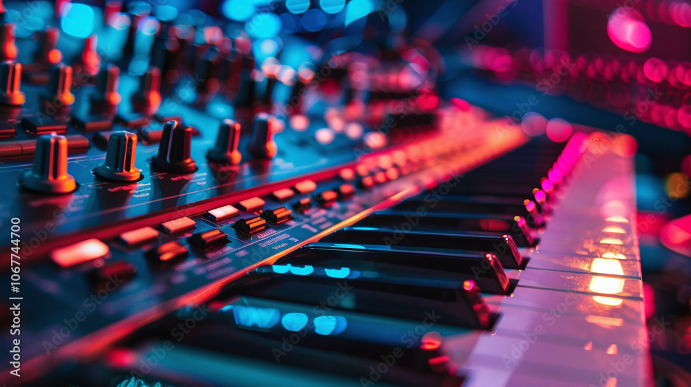 A close-up view of a synthesizer keyboard with vibrant lighting during a music production session in a studio at night A close-up view of a synthesizer keyboard with vibrant lighting during a music production session in a studio at night