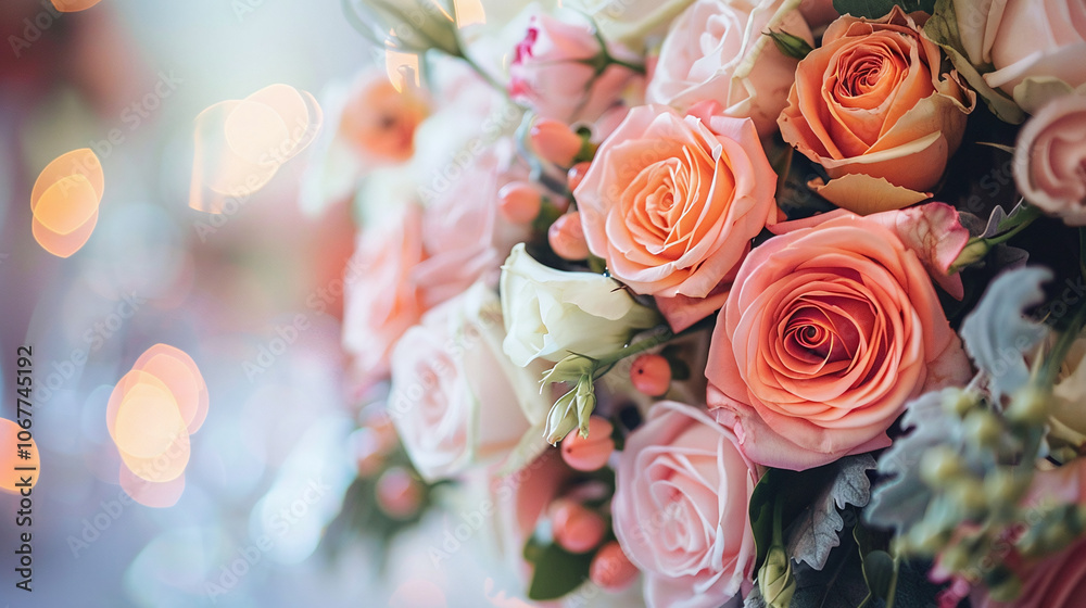 A close view of a vibrant bouquet featuring roses and other flowers arranged elegantly for a festive occasion, creating a warm and inviting atmosphere during a celebration A close view of a vibrant bouquet featuring roses and other flowers arranged elegantly for a festive occasion, creating a warm and inviting atmosphere during a celebration