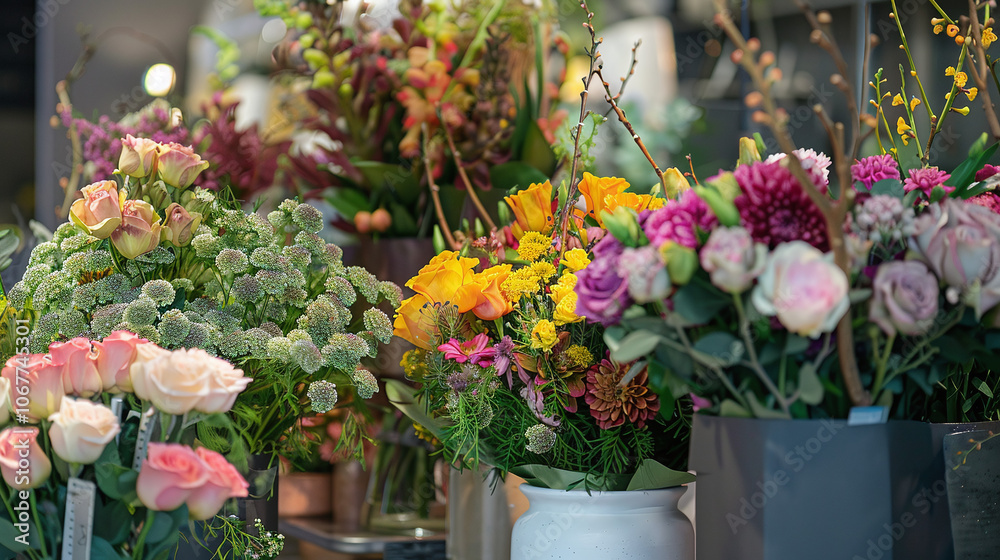 A vibrant display of fresh flowers at a local market showcasing a colorful assortment of blooms in various arrangements during a sunny afternoon A vibrant display of fresh flowers at a local market showcasing a colorful assortment of blooms in various arrangements during a sunny afternoon