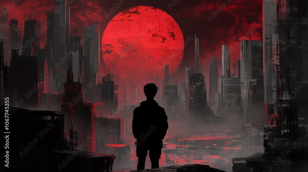 A lone figure gazes at a massive red sun setting over a dark, futuristic city amidst ominous clouds and silhouettes A lone figure gazes at a massive red sun setting over a dark, futuristic city amidst ominous clouds and silhouettes