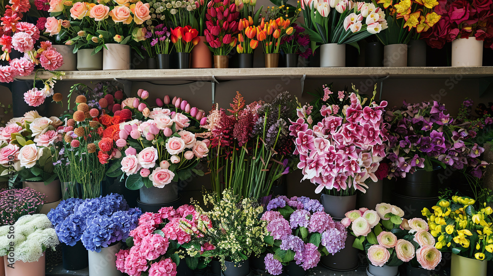 A vibrant display of assorted flowers arranged neatly in pots on shelves at a local flower shop, showcasing a variety of colors and types during a sunny afternoon A vibrant display of assorted flowers arranged neatly in pots on shelves at a local flower shop, showcasing a variety of colors and types during a sunny afternoon