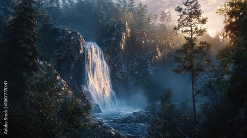 A misty waterfall cascades down a rocky cliff face in a lush forest setting. The sun peeks through the trees, casting a warm glow on the scene.