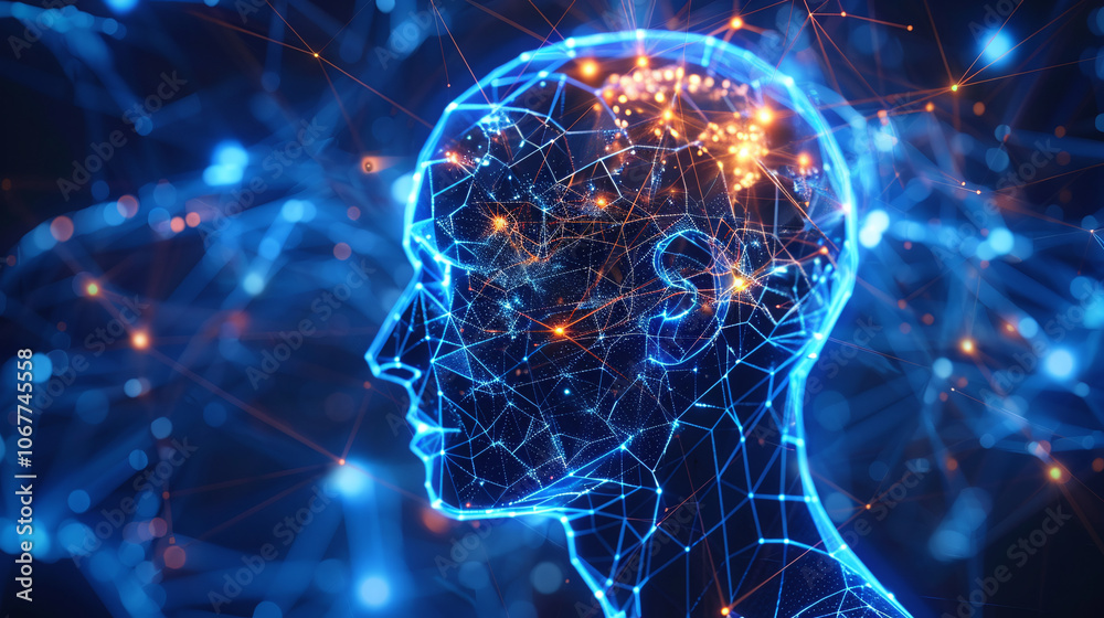 A digital representation of a human head with interconnected neural networks illustrating concepts of artificial intelligence and cognitive processes in a futuristic environment A digital representation of a human head with interconnected neural networks illustrating concepts of artificial intelligence and cognitive processes in a futuristic environment