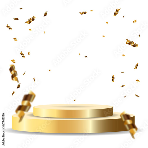 Golden podium with falling golden serpentine ribbons on a white isolated background. Vector illustration. EPS 10