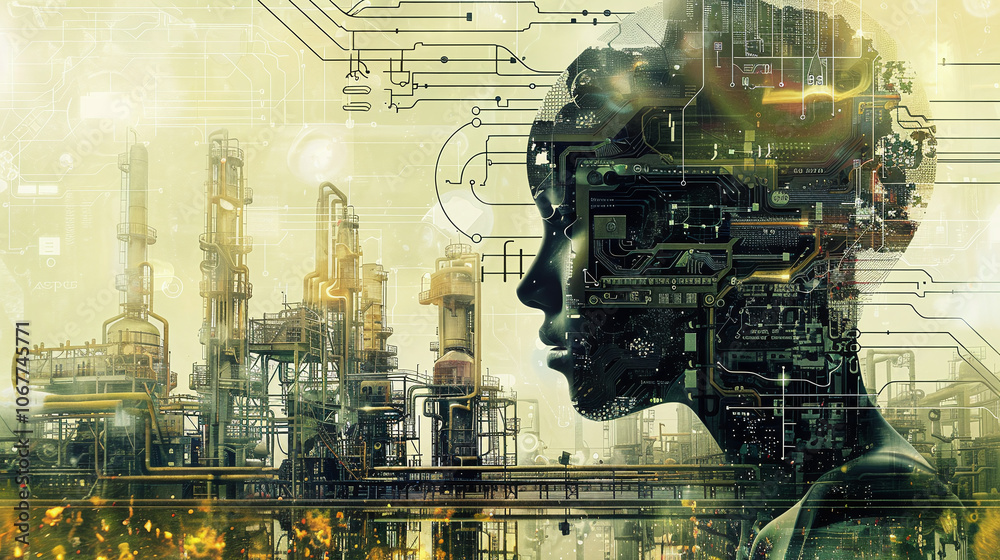 An artistic portrayal of a woman's silhouette integrated with digital circuits, juxtaposed against an industrial landscape depicting a factory at sunset