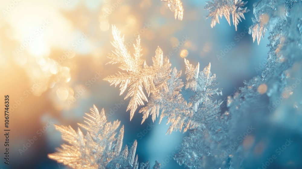 Delicate ice crystals on a windowpane, illuminated by the warm glow of the sun.