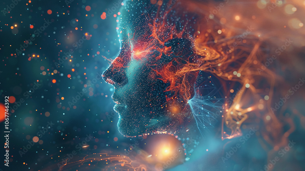 A cosmic representation of a human head featuring vibrant colors and swirling patterns, reflecting an imaginative blend of outer space and human consciousness A cosmic representation of a human head featuring vibrant colors and swirling patterns, reflecting an imaginative blend of outer space and human consciousness