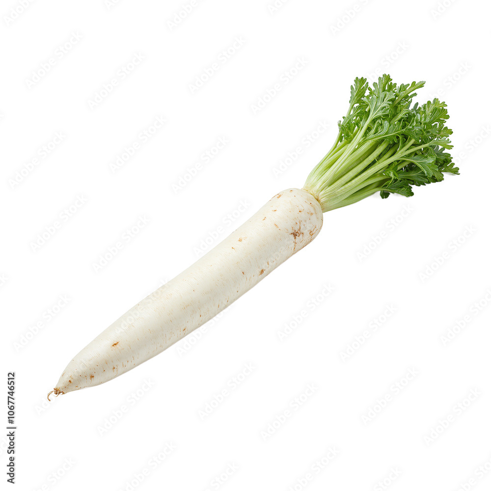 Fresh daikon radish on white background with green leaves Fresh daikon radish on white background with green leaves