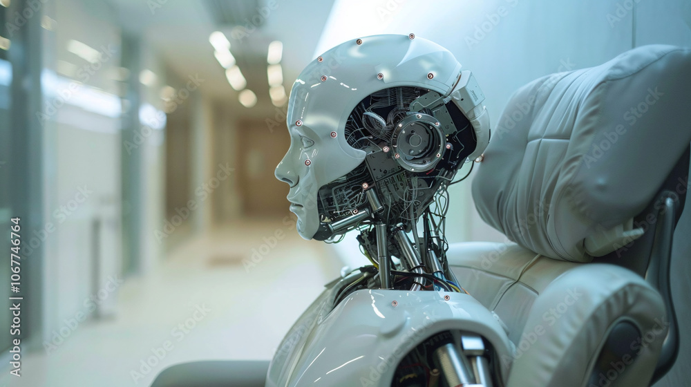 A futuristic humanoid robot sits quietly in a modern, sleek corridor, showcasing advanced technology and design in a contemporary setting A futuristic humanoid robot sits quietly in a modern, sleek corridor, showcasing advanced technology and design in a contemporary setting