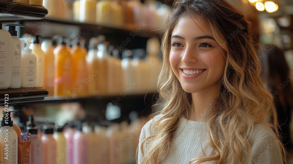 Hispanic female cosmetics consultant assists customers in vibrant store during the afternoon Hispanic female cosmetics consultant assists customers in vibrant store during the afternoon
