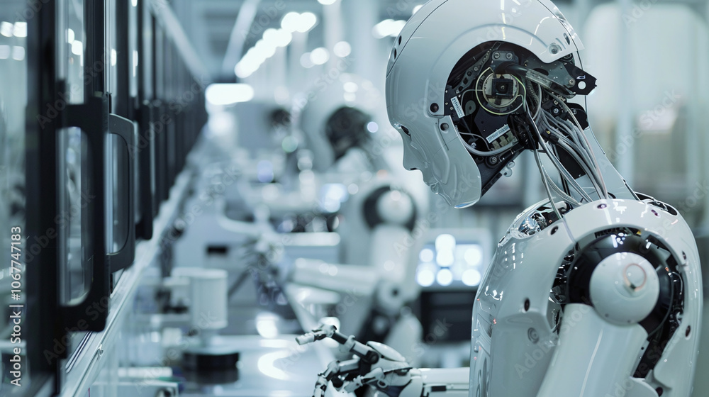 A humanoid robot working diligently in a futuristic manufacturing facility during daylight hours, showcasing advanced technology and automation
