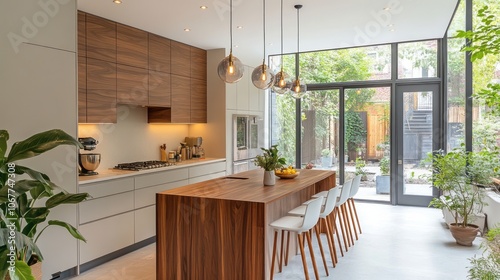 Modern Kitchen with Island and Garden View