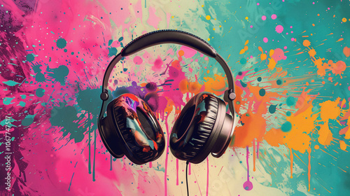 Colorful abstract background featuring a pair of black headphones against vibrant splashes of paint, showcasing a lively and artistic atmosphere perfect for music lovers