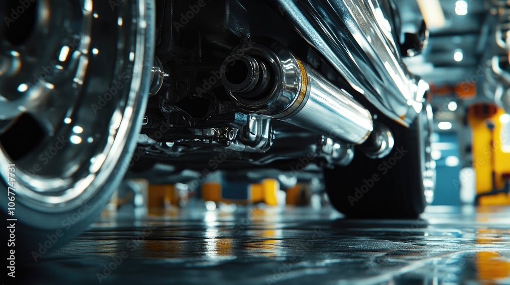 Fototapeta premium Close-up shot of a car's exhaust pipe, showcasing the sleek design and polished finish. The background is blurred, highlighting the focus on the car's mechanics.