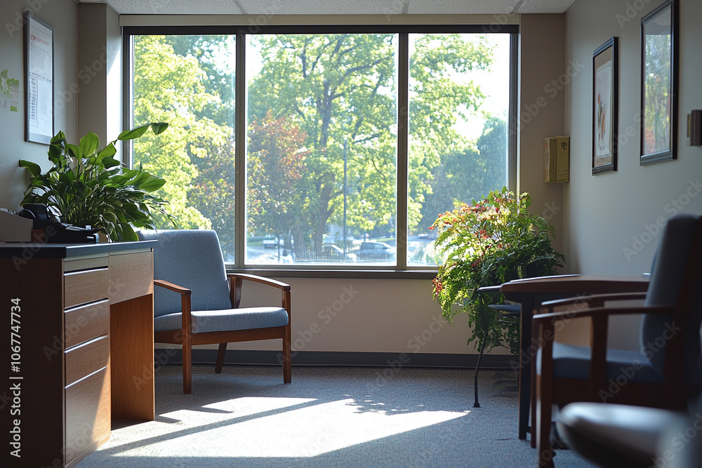 Fototapeta premium a psychologists office window with natural light streaming in.