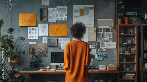 back view of african american freelancer in orange sweater standing in modern office