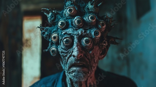 abandoned house blind old man stands eerily his empty eye sockets overshadowed grotesque cluster eyes sprouting his forehead forming haunting spectacle. photo