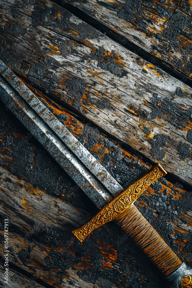 Obraz premium Vertical War symbol. Medieval knight sword on dirty wooden surface.