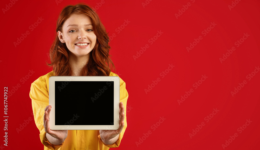 Cheerful Girl Showing Digital Tablet Empty Screen Smiling To Camera Standing On Green Background In Studio. Copy Space, Mockup Cheerful Girl Showing Digital Tablet Empty Screen Smiling To Camera Standing On Green Background In Studio. Copy Space, Mockup