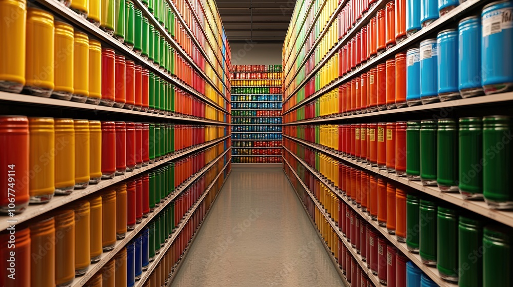 Fototapeta premium A vibrant aisle lined with colorful cans on shelves, creating a striking visual of organization and variety.
