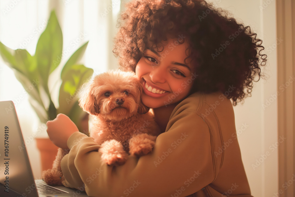 African American woman with curly hair smiling and holding a small dog, sitting by a laptop in a cozy, natural-light setting with indoor plants African American woman with curly hair smiling and holding a small dog, sitting by a laptop in a cozy, natural-light setting with indoor plants