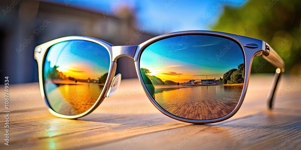 Close-up of stylish sunglasses with reflective lenses, fashion, accessory, eyewear, trendy, mirrored, reflection, UV protection Close-up of stylish sunglasses with reflective lenses, fashion, accessory, eyewear, trendy, mirrored, reflection, UV protection