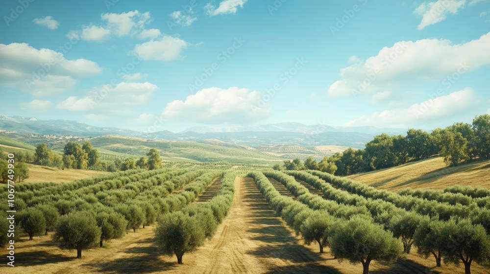 Rows of olive trees stretch towards the horizon under a bright blue sky, with rolling hills in the distance. Rows of olive trees stretch towards the horizon under a bright blue sky, with rolling hills in the distance.
