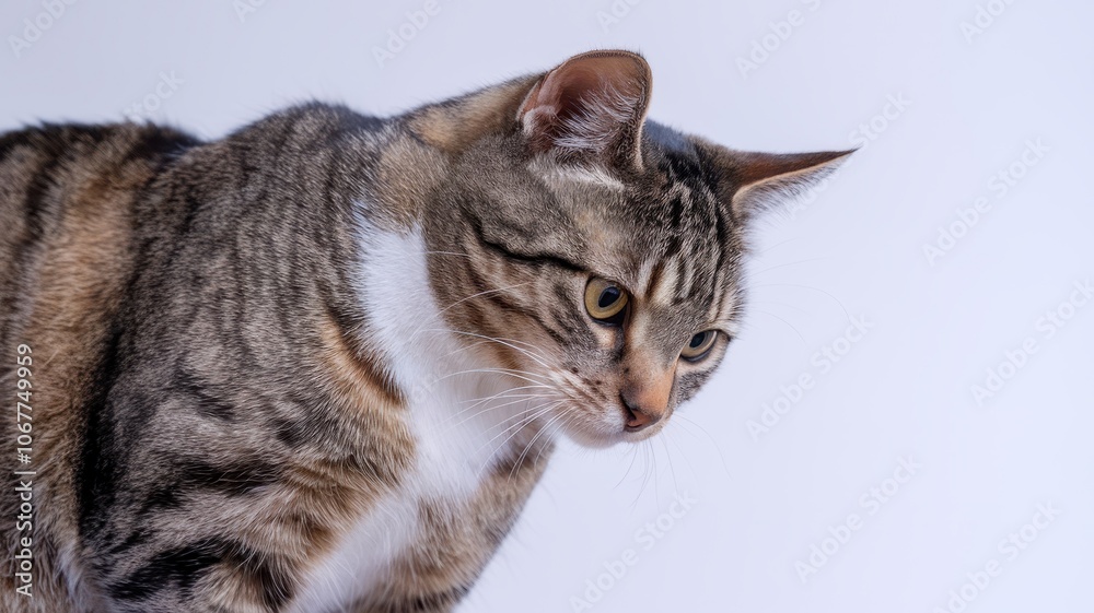 Close-up of attentive tabby cat with striped fur and curious expression Close-up of attentive tabby cat with striped fur and curious expression