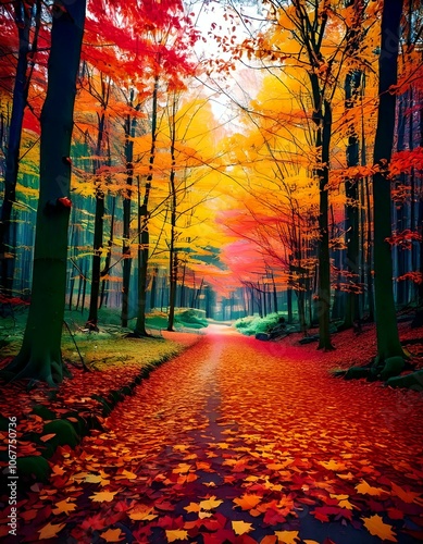 A forest during autumn with the changing colors of leaves falling from the trees.
