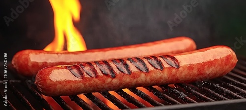 Two Delicious Sausages on BBQ Grill With Flames Background, Perfect For Summer Cookout Theme. photo