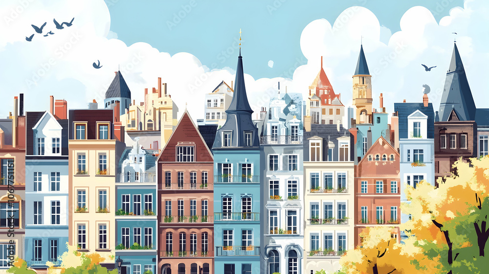 Artistic illustration of a European cityscape -