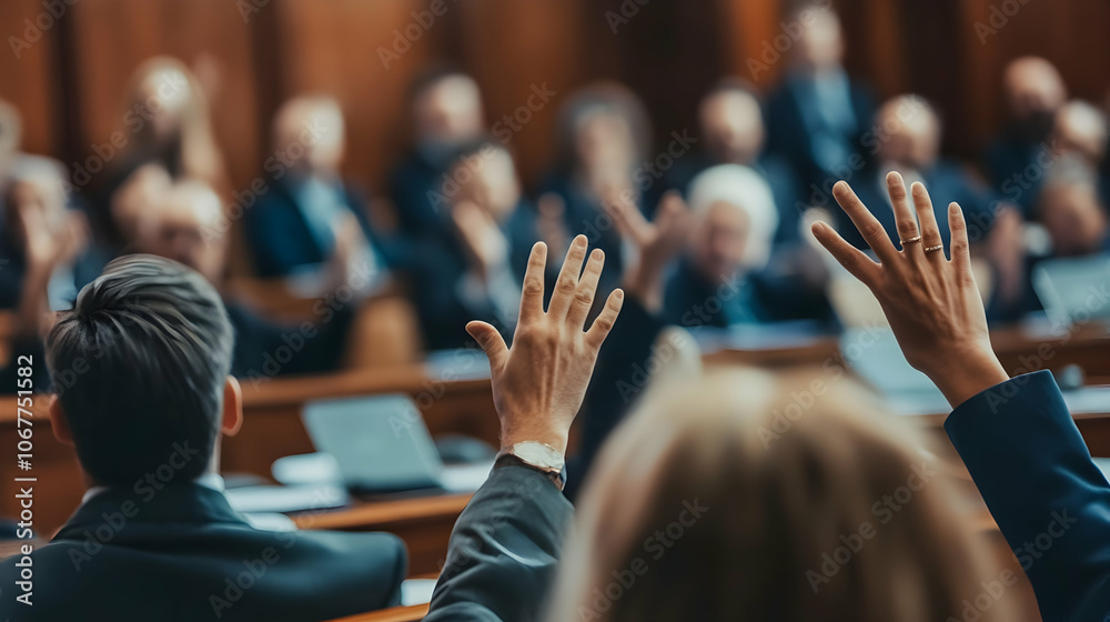 1. Indistinct hands elevated within a gathering engaged in deliberating proposals or casting votes during a council assembly. 1. Indistinct hands elevated within a gathering engaged in deliberating proposals or casting votes during a council assembly.