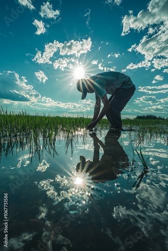 Farmer carefully planting rice seedlings by hand, his reflection visible in the water,