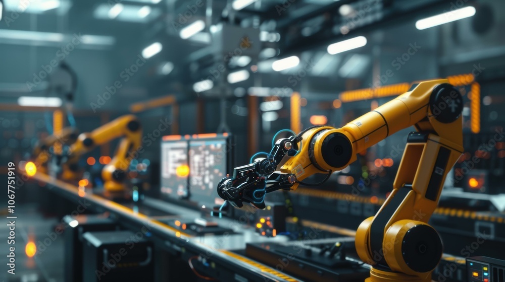 Robotic arm working in a factory. AI. Robotic arm working in a factory. AI.