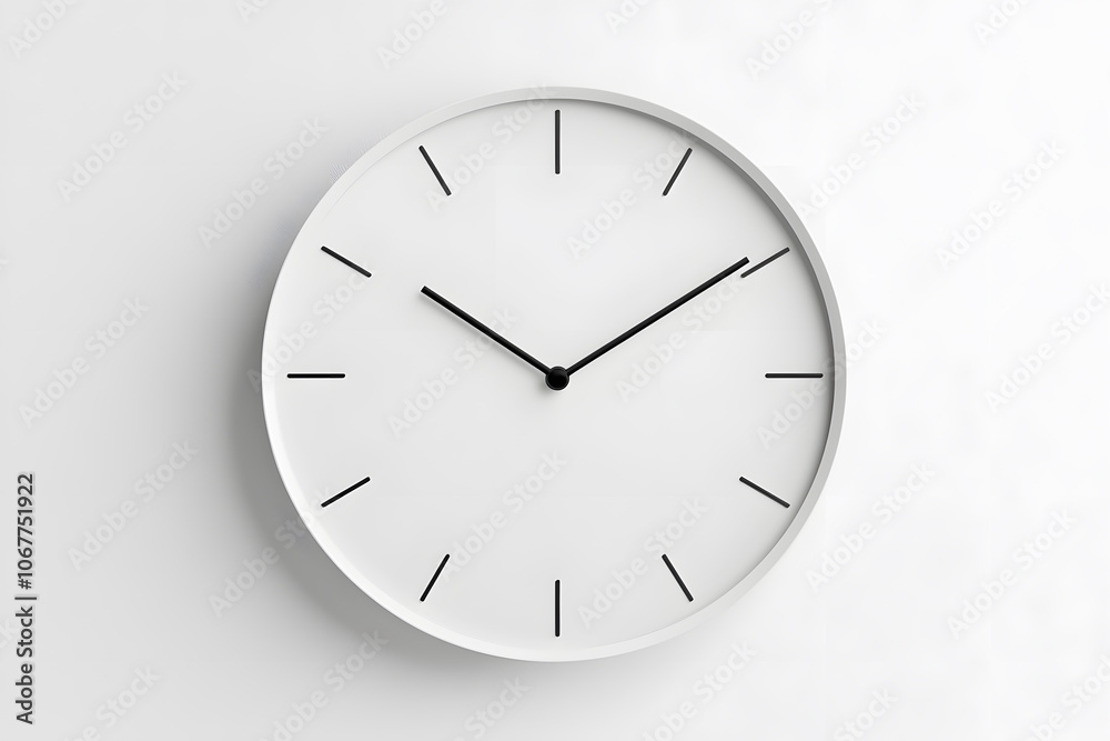 A minimalist round wall clock with a white face, featuring simple black markings and sleek hands, creating a clean, modern look for any contemporary space