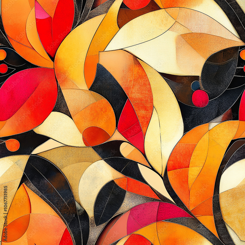 Fototapeta premium Pattern of autumn leaves in large, stylized symmetrical and bold shapes