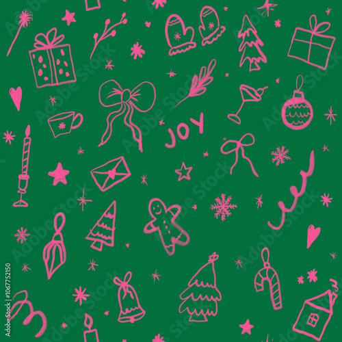 green pink whimsical holiday celebration seamless pattern illustration