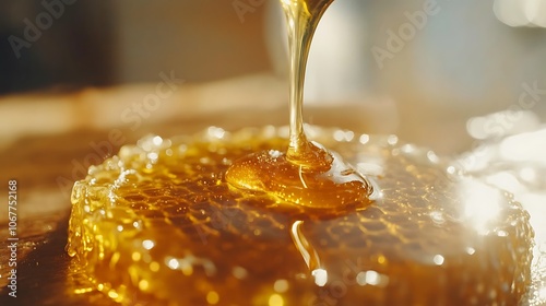 Golden honey pouring on honeycomb on wooden table